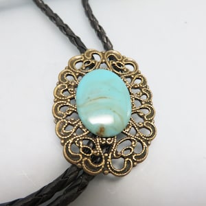 Vintage Filigree Bolo Tie: Handmade Goldtone Faux Turquoise