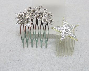 1980s Vintage White Rhinestone Hair Comb Pair, Star and Flowers