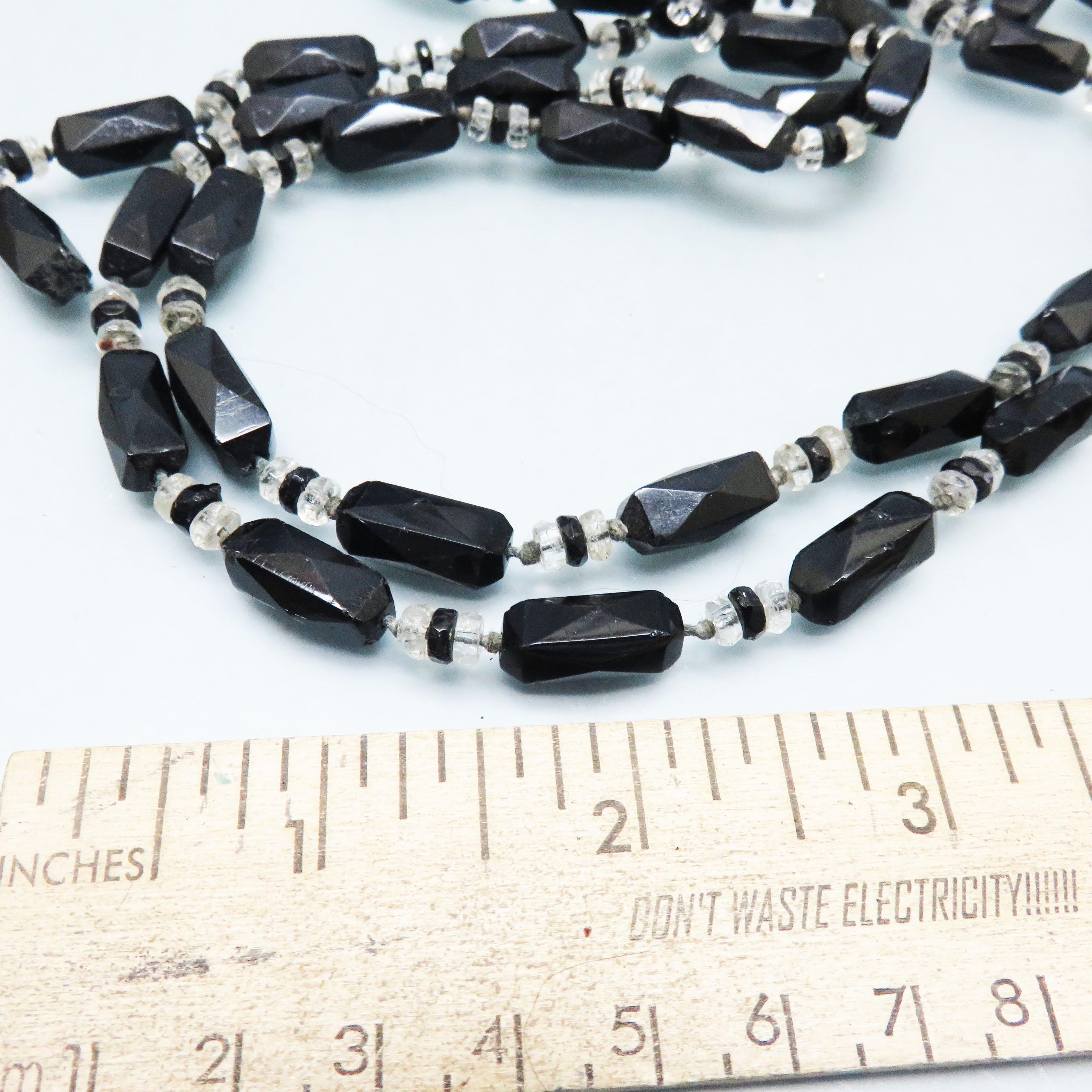 Art Deco Black Clear Crystal Necklace 53in Flapper Glass Beads 1930s Vintage Hand Knotted Black & Clear Crystal Bead Flapper Art  main image 3