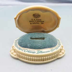 Vintage Orange Blossom Celluloid Ring Box, Cream And Blue Velvet, Art Deco Style, C. C. Floyd Jeweler*