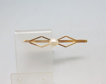 Vintage Single White Pearl Hair or Bobby Pin , Goldtone Metal, Geometric Hair Pin