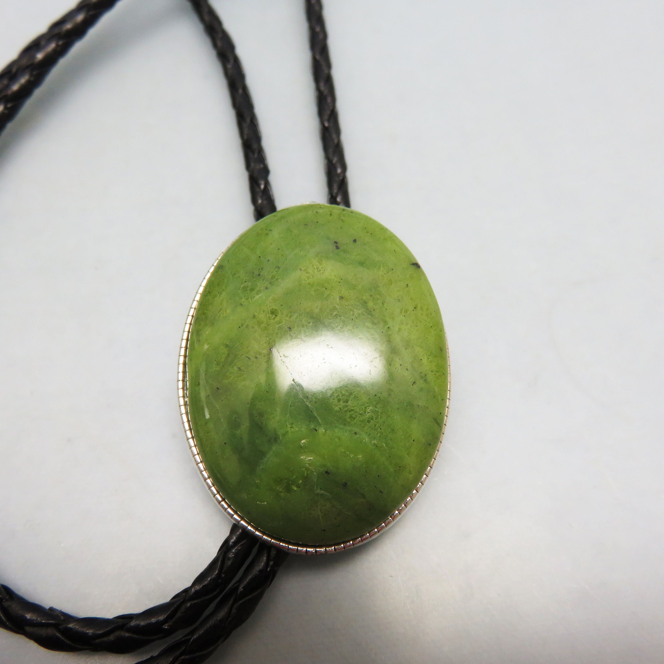 Handmade Big Oval Canadian Jade Bolo Tie, Made in Montana, Tailored Look