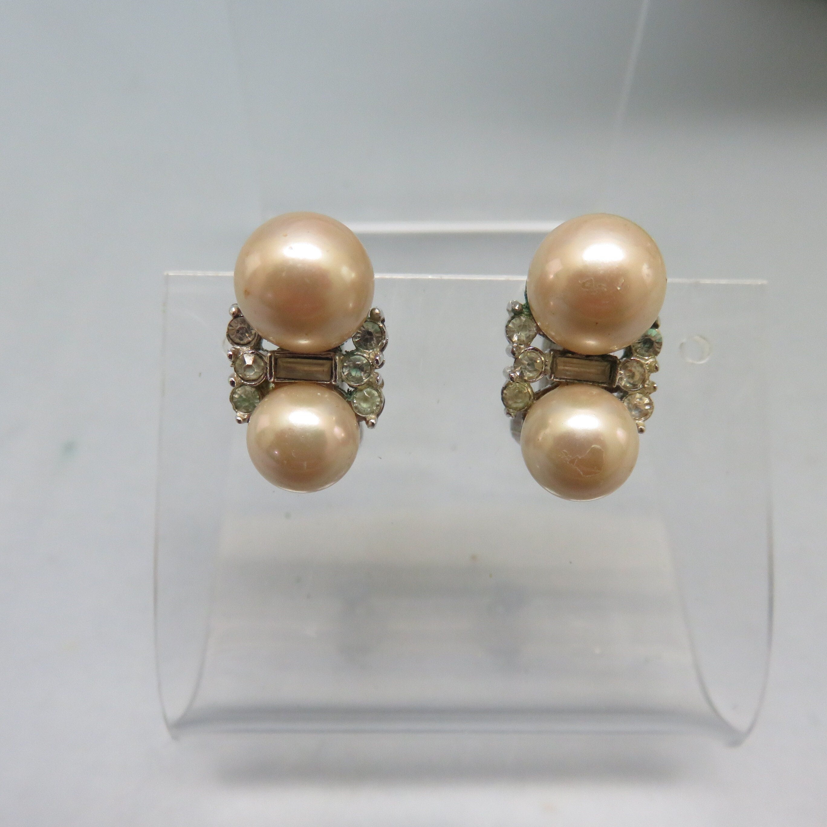 Vendome Double Pearl Clip on Earrings, Pearl and Rhinestone