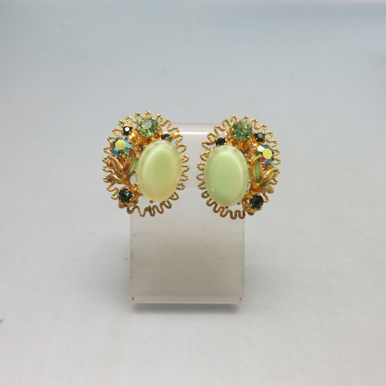 1960s Spring Green Glass Clip On Earrings, Peridot Green Rhinestone Accents image 2