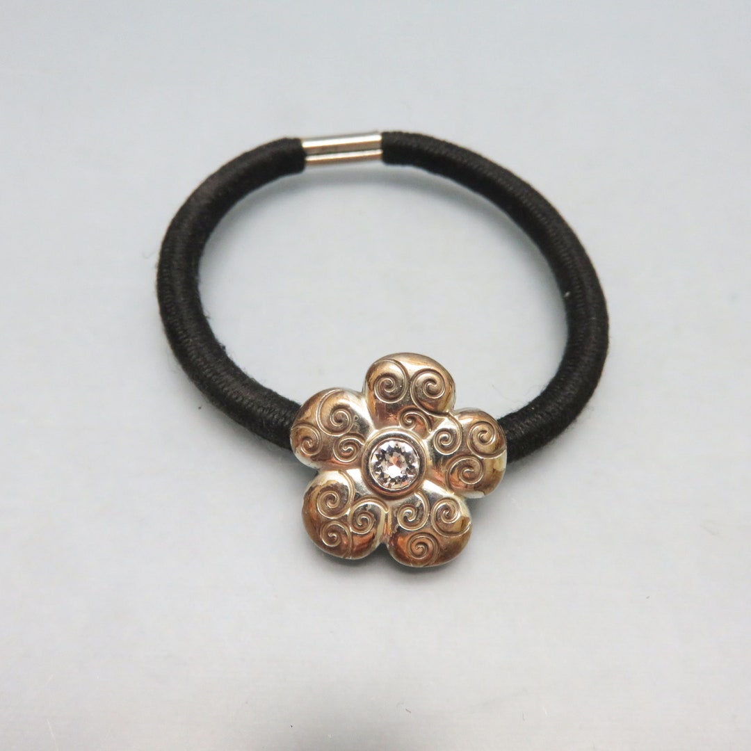 Vintage Silver Flower Ponytail Holder Black Elastic Hair Tie Etsy