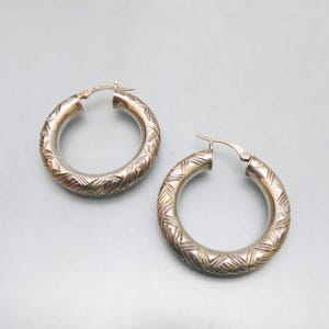 Thick Sterling Silver 1 1/4  Inch Hoop Pierced Earrings, Vintage, Diamond Cutting