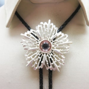 Vintage Silvery Metal  Flower Design Bolo Tie, Handmade Bolo Tie, Pink Rhinestone Center