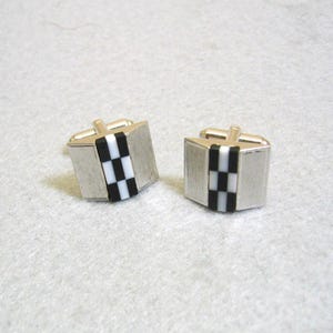 Black and White Checkered Glass Cuff LInks, Modern Design, Mint, Dante' image 1