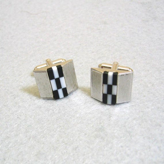 Black and White Checkered Glass Cuff LInks, Modern Design, Mint, Dante'