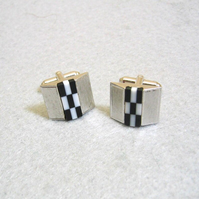 Black and White Checkered Glass Cuff LInks, Modern Design, Mint, Dante' image 1