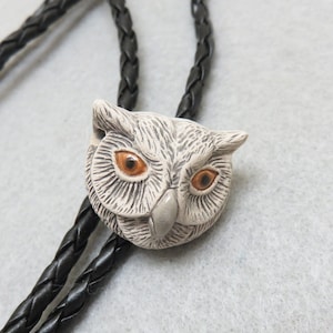 Hand Made Pottery Grey Owl Head Bolo Tie