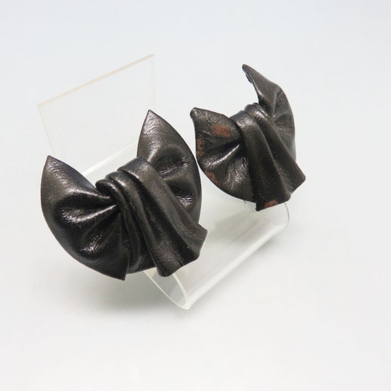 Black Leather Shoe Clips, Vintage, Draped Bow Design Gem