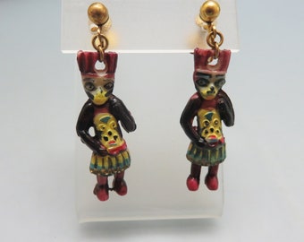 African Witch Doctor Figural Earrings, Screwback Earrings