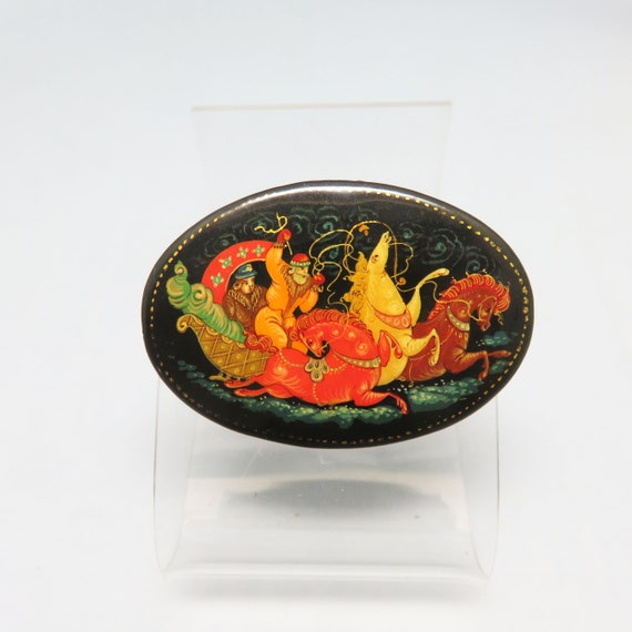 Vintage Russian Hand Painted Wooden Brooch, Zhostovo Tole Painted
