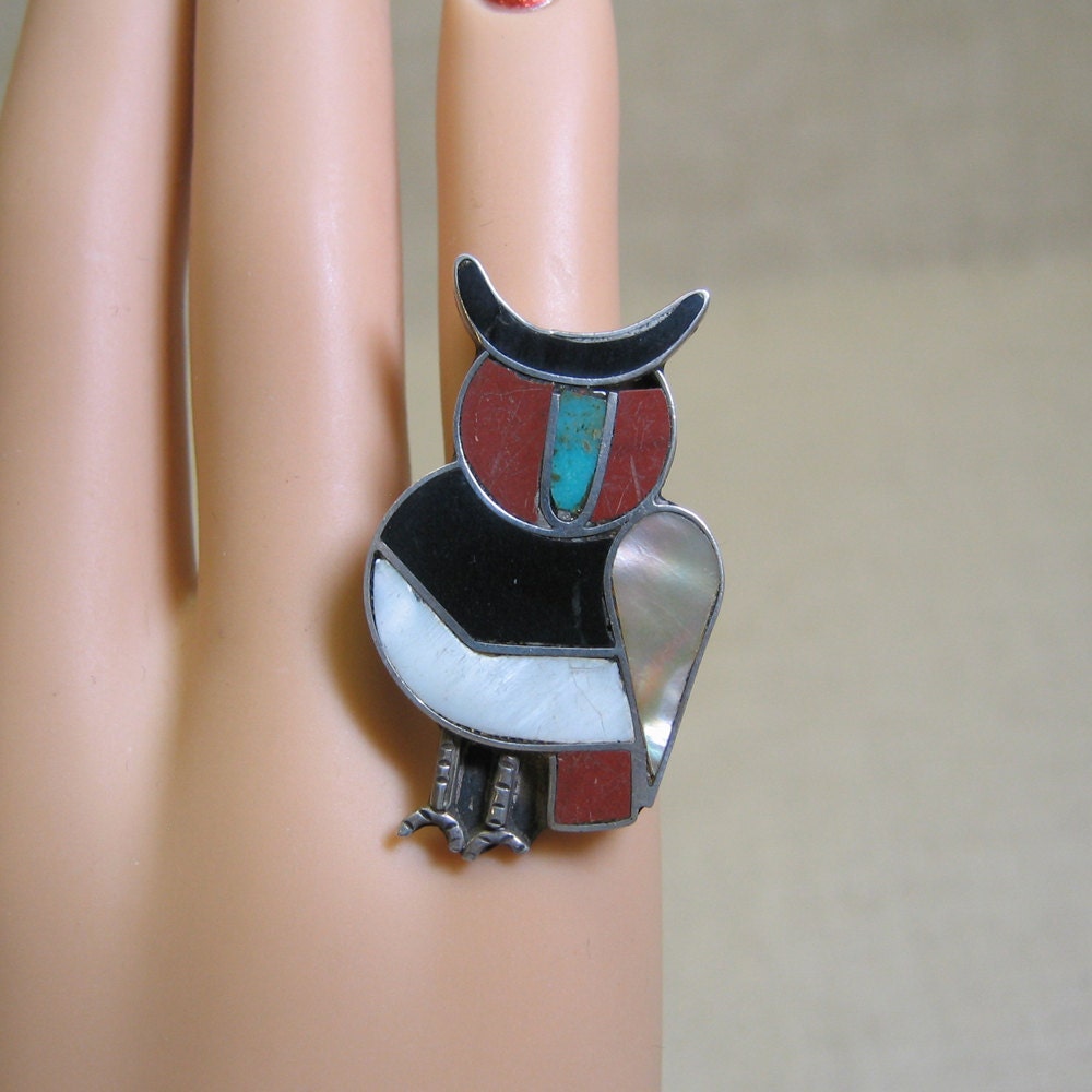 Native American Owl Ring, Sterling and Inlaid Stonework, Size 4.5