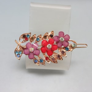 Red and Purple Lucite and  Rhinestone Hair Barrette, Vintage