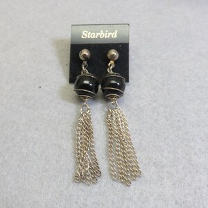 Vintage Black Glass Tassel Earrings: 1970s Silver Chain Dangles