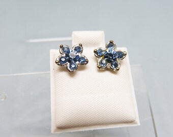 Teeny Tiny Blue Rhinestone Flower Pierced Earrings, Vintage