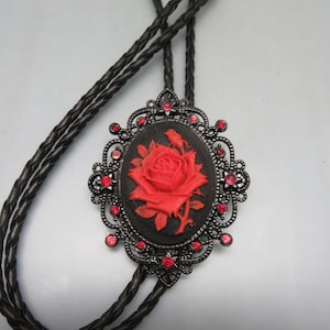 Vintage Red Rose on Black Bolo Tie, Steampunk Rose Cameo Bolo