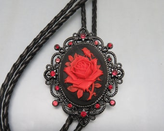 Red Rose Cameo Bolo Tie: Handmade Gothic Rhinestone Jewelry