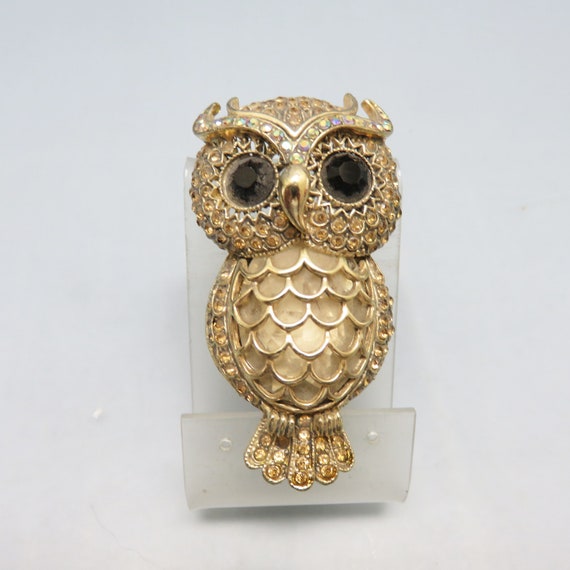 Vintage ALILANG Rhinestone Owl Brooch: Gold Tone Costume Jewelry