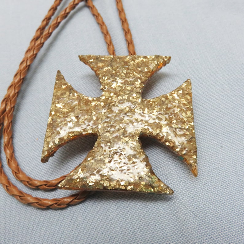 BIG Glittery Gold Maltese Cross Bolo Tie Rockin JK Designs Handmade Bolo