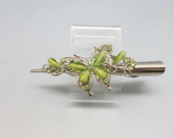 Vintage Big Bold Green Lucite Butterfly Hair Clip, Rhinestones