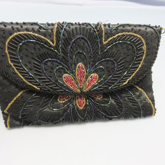 Vintage Black, Cranberry and Gold Beaded Purse, B… - image 3