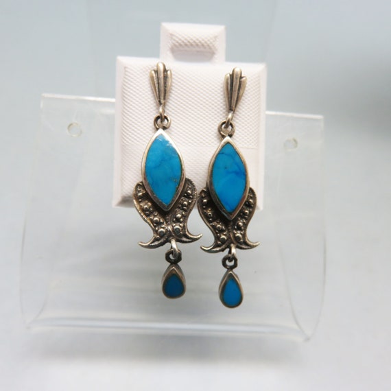 Vintage Turquoise Inlay and Sterling Silver Pierc… - image 1