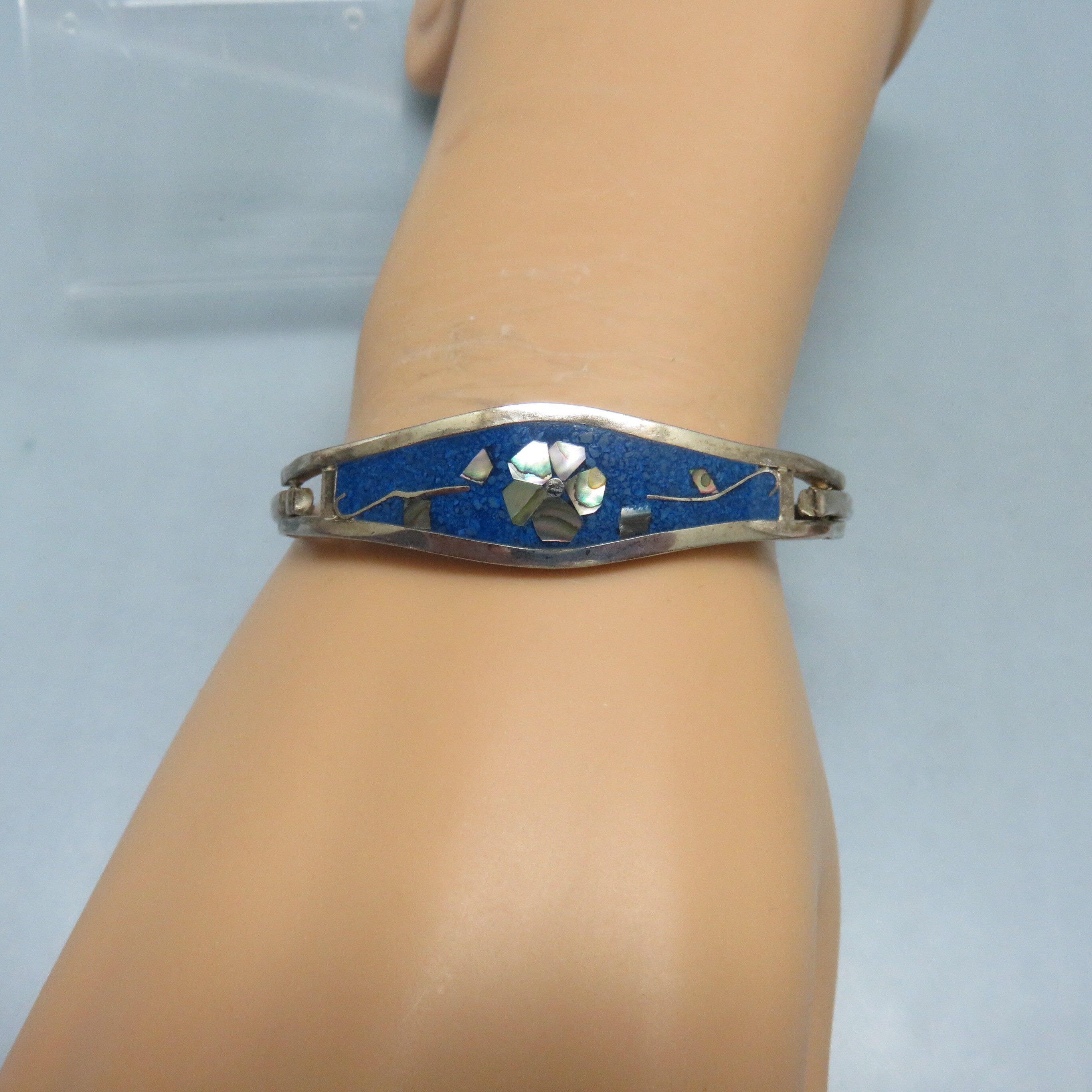 Mexican Alpaca Silver Abalone Shell Hinged Bangle Bracelet