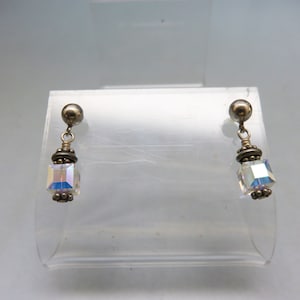Sterling Silver Tiny Crystal Drop Pierced Earrings, Vintage,