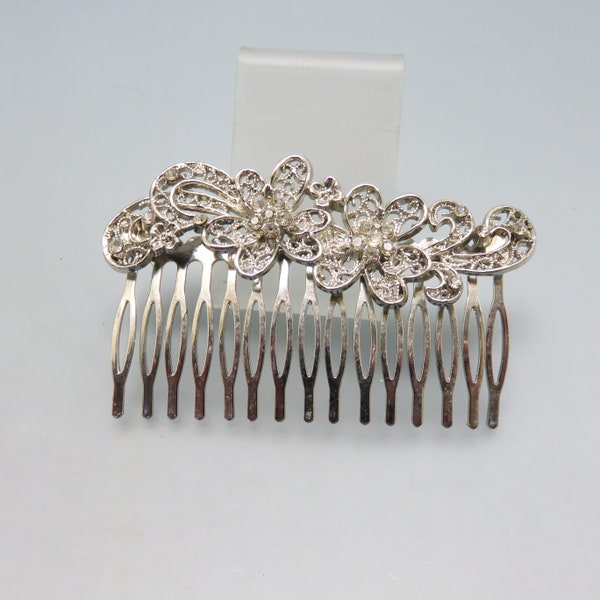 Vintage Silvery Metal Clear Rhinestone Hair Comb, Floral Hair Comb