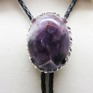 Handmade Dogtooth Amethyst Bolo Tie: Chevron Stone, Leatherette Cord