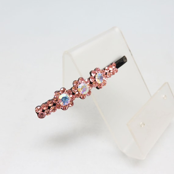 Pink Floral Bobby or Hair Pin, Vintage, Pink Aurora Borealis  display picture 3