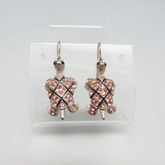 Pink Rhinestone Turtle Pierced Earrings, Vintage - image 1