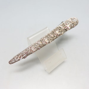 Long Silver Filigree Hair Clip, Rhinestone Floral Design