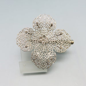 Vintage Rhinestone Flower Hair Clip: Antique Silver Lacy Filigree