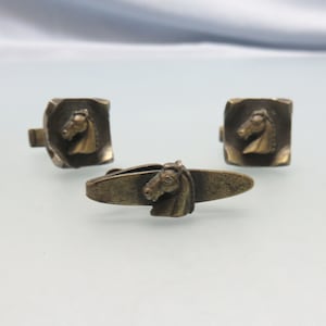 Vintage Bocephus Horse Head Antique Gold Cufflink and Tie Clasp Set