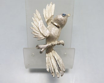 1970s Diamond Cut Silvery Bird Pin,  Rhinestone Accent