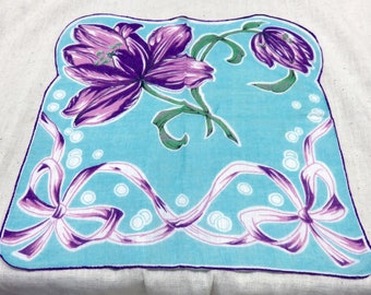 Vintage Purple Tulips on Blue Printed Cotton Handkerchief