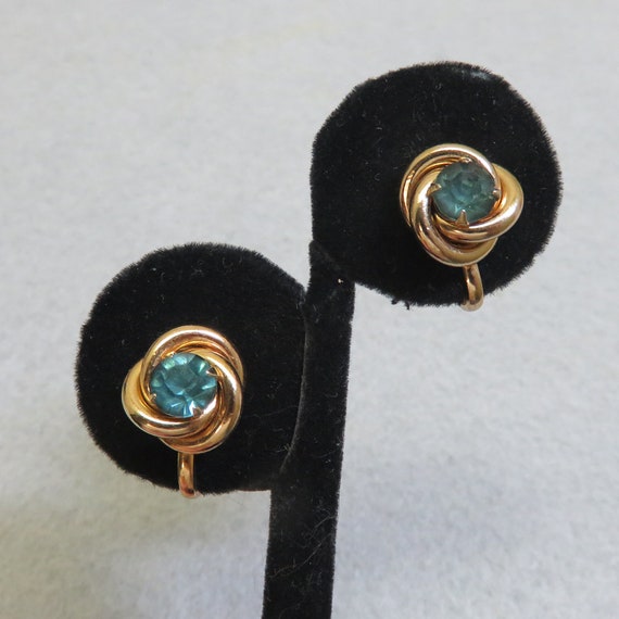 Blue Rhinestone Love Knot Screw back Earrings, Vi… - image 2