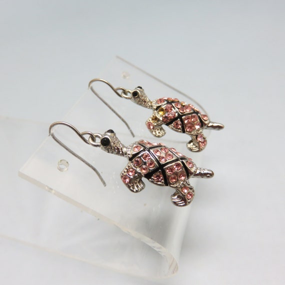 Pink Rhinestone Turtle Pierced Earrings, Vintage - image 2
