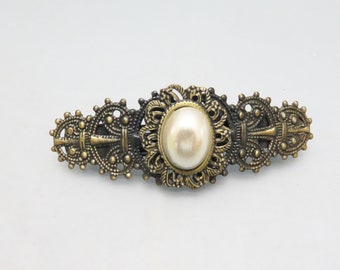 BIG Dark Golden Filigree Metal Vintage Hair Barrette, 1980s, Faux Pearl Accent