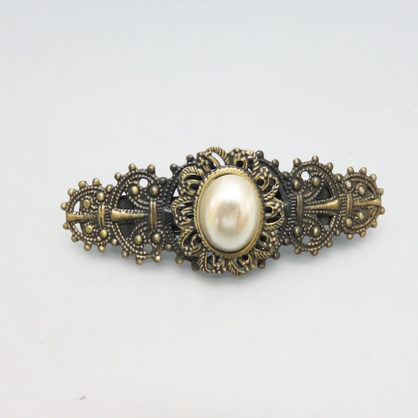 BIG Dark Golden Filigree Metal Vintage Hair Barrette, 1980s, Faux Pearl Accent