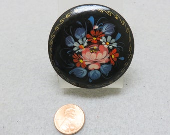 ヴィンテージ ロシア製 手描き 木製 花柄ブローチ、ジョストヴォ