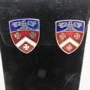 Enameled Crest Screw Back Earrings, Tailored Classic Good Looks