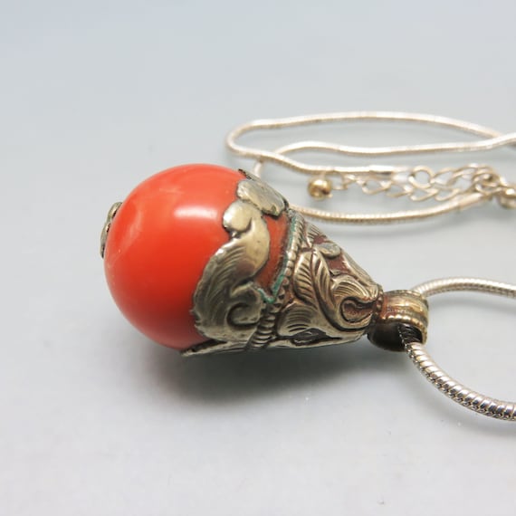 Sterling Setting, Faux Coral Pendant Necklace, Vi… - image 3