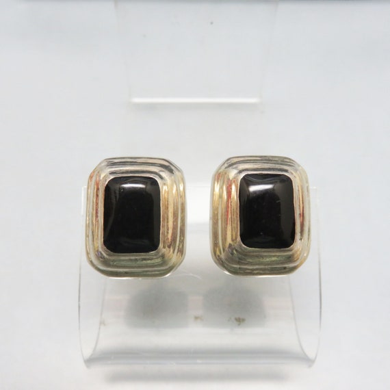 Vintage Sterling and Black Onyx Pierced Earrings,… - image 1