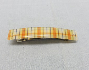 Vintage Big White and Orange Plaid Plastic Hair Barrette or Hair Clip
