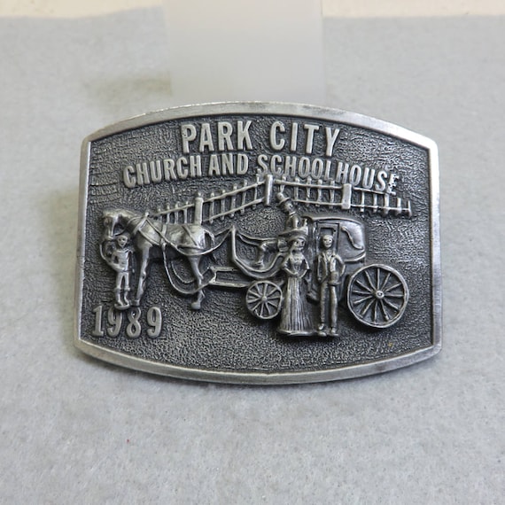 1989 Park City  Pewter Belt Buckle, Church and Sc… - image 1